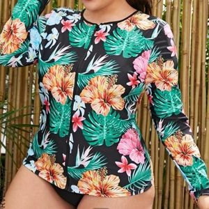 New SHEIN Plis Floral Zipper front Bikini Top